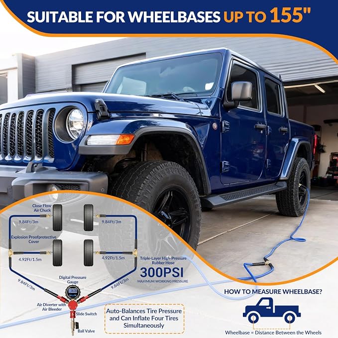 MILADO 4 Tire Inflation System, 4 Tire Inflation Deflation System, 4 Way Tire Inflator, Off Road Tire Inflator with Gauge, Air Down Tire Deflators Kit for Trucks Jeeps Fits Up to 155" Wheelbase