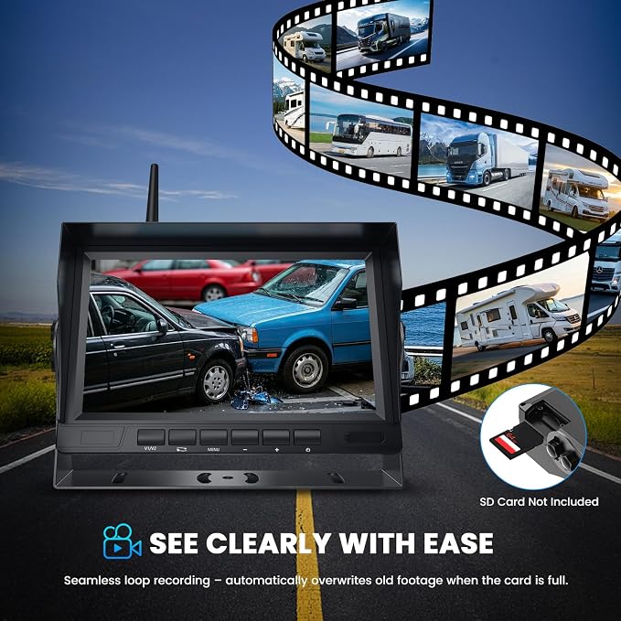 Wireless RV Backup Camera with 7" Monitor – 1080P Night Vision, SD Card Recording, Waterproof for Trailer & Harsh Weather