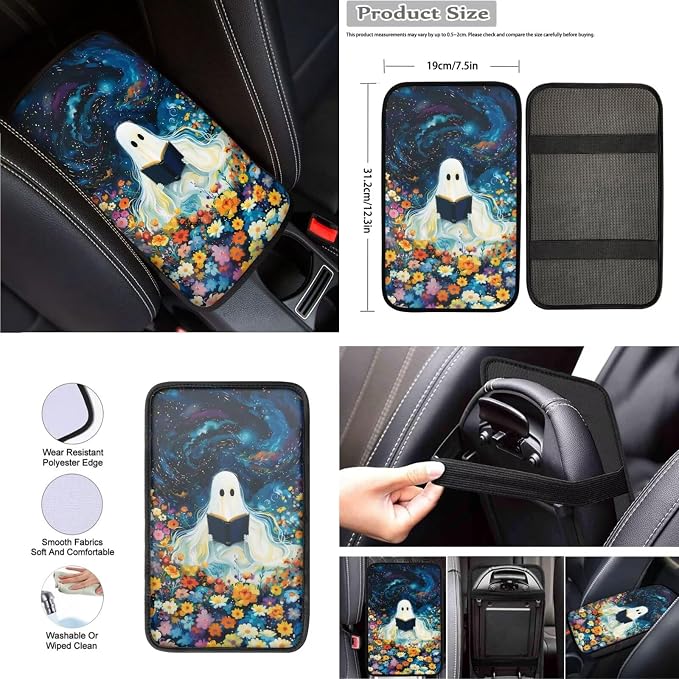 White Ghost Flower Print Car Seat Covers Full Set with Car Steering Wheel Cover, Auto Armrest Pad Protector, Auto Seat Belt Pads, Halloween Automitive Decorations