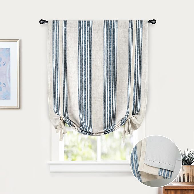 DriftAway Chris Double Layer Linen Blackout Tie Up Curtains Thermal Insulated Fully Lined Vertical Striped Balloon Roman Shade Bathroom Window Adjustable Rod Pocket 25 Inch by 47 Inch Jean Navy