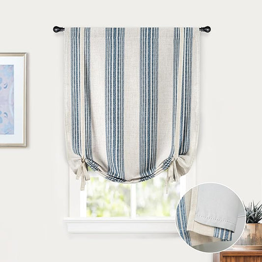 DriftAway Chris Double Layer Linen Blackout Tie Up Curtains Thermal Insulated Fully Lined Vertical Striped Balloon Roman Shade Bathroom Window Adjustable Rod Pocket 25 Inch by 47 Inch Jean Navy