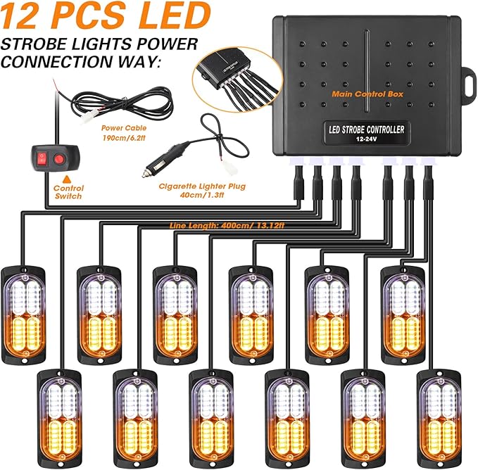 12 Pcs Emergency Lights for Vehicles Truck Flush Mount LED Emergency Lights with Control Box Wiring Hazard Warning Amber Strobe Lamp for Vehicle Truck Car Roadside