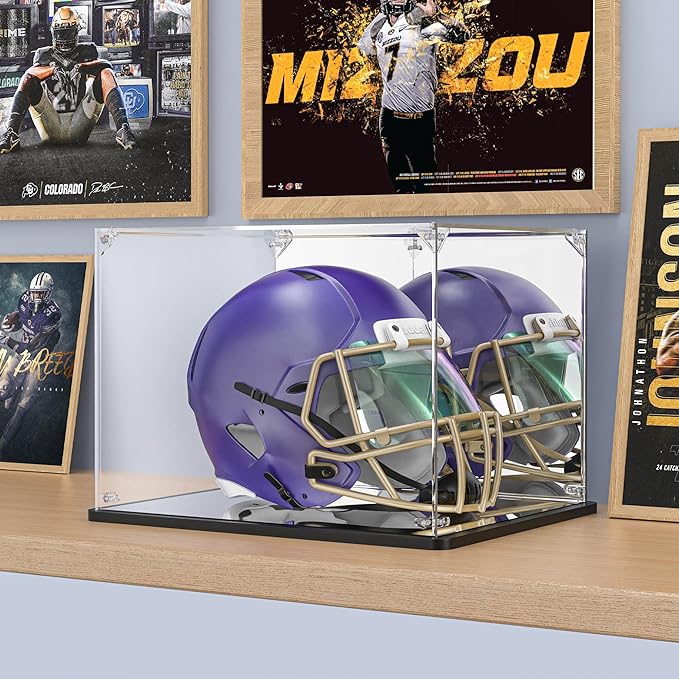 Acrylic Football Helmet Display Case for Full Size Helmets, Clear Memorabilia Display Box with Double Mirrored Back & Base, Dustproof Showcase for Baseball & Motorcycle Helmets, Black Base