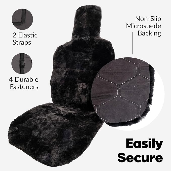 Natural Sheepskin Car Seat Covers for Women and Men | 100% Genuine Sheepskin Fur Seat Covers for Cars, Jeeps, SUVs with Elastic Straps and Non-Slip Suede Backing, 56 x 23”, 1 Pc (Black)