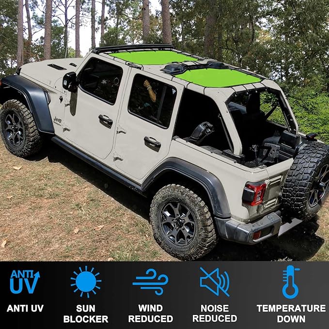 JL Top Sun Shade Roof Compatible with Jeep Wrangler 2 or 4 Door 2018 to 2023 Sunshade Sunroof Blocks UV Wind Noise Green Mesh for Front and Rear 2 pcs