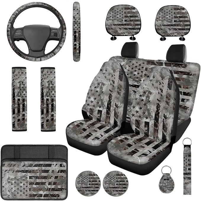 Bulopur Vintage American Flag Vehicle Seat Covers Set with 15 Inch Steering Wheel Cover Center Console Cover Seat Headrest Covers Seat Belt Pads Car Interior Accessories Set for SUV Van Sedan