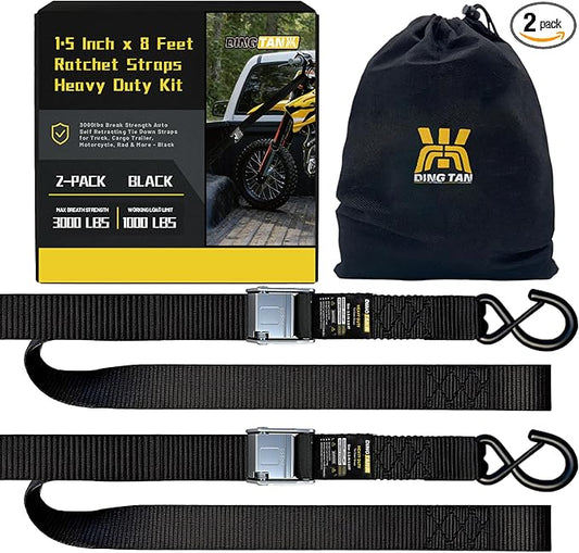 Motorcycle Tie Down Straps - 3,000lb Break Strength, 1.5 in X 8FT Heavy-Duty Cambuckle Tie Down Set with S Hook and Soft Loops - Better Than a Ratchet Strap Black