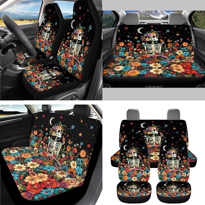 AFPANQZ Car Seat Covers Full Set of 11 Pcs with Steering Wheel Cover Gear Shift Knob Cover+Auto Handbrake Cover+Seat Belt Strap Pads+Car Coaster with Skull Floral
