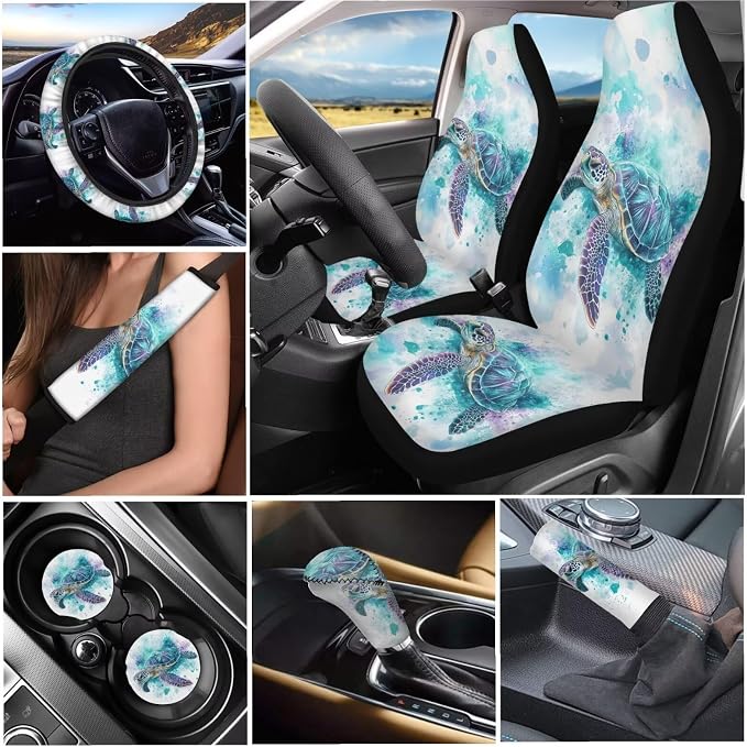 Tupalatus Turtle Car Seat Covers Set,Steering Wheel Cover+Gear Shift Knob Cover+Car Handbrake Cover+Seat Belt Shoulder Pads+Car Coaster Full Set 9, Auto Interior Accessories