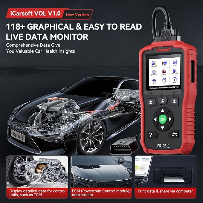 iCarsoft OBD2 Scanner for Volvo/Saab, VOL V1.0 All Systems in-Depth Diagnostic Tool, Oil Reset/SAS Reset/Live Data, Code Reader Scan Tool, CAN-FD Supported -Lifetime Free Updates