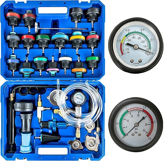 ATPEAM 34pcs Universal Radiator Pressure Tester Coolant Pressure Tester and Vacuum Refill Kit for Automotive Cooling System Water Tank Leakage Detection