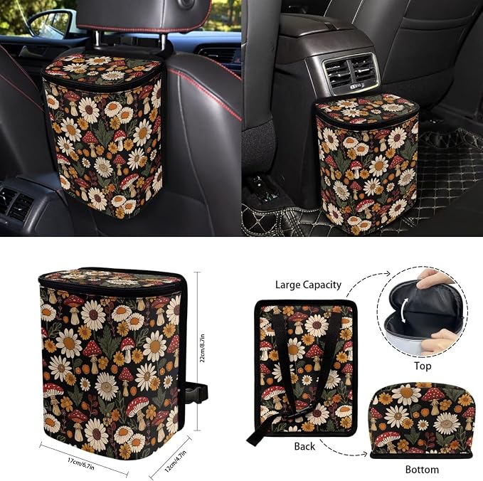 Mushroom Dasiy Car Seat Cover Split Covers for Women Men, Car Steering Wheel Cover Seat Belt Strap Pad Trash Bag Rearview Mirror Accessories Cup Holder Key Chain, 15 PCS