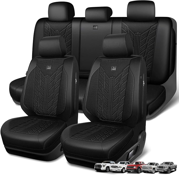CAR PASS Leather Oxford Large Seat Covers For Truck F150 Ram Silverado Sierra 1500 Seat Covers, Scratch-resistant Water-proof All Weather Universal Fit for Extra Large Truck Car SUV Full Black 3D Tyre