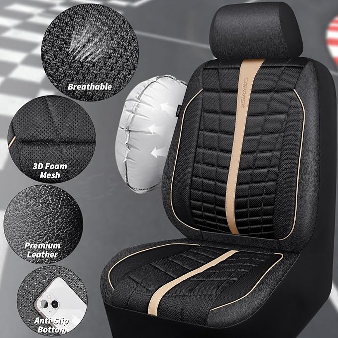 CAR PASS 3D Air Mesh Seat Covers for Car, Leather Car Seat Cover Front Seats, Breathable Foam Premium Leather Mesh Front Seat Covers Universal Fit for Cars Sedans Trucks Vans SUVs, Black Beige