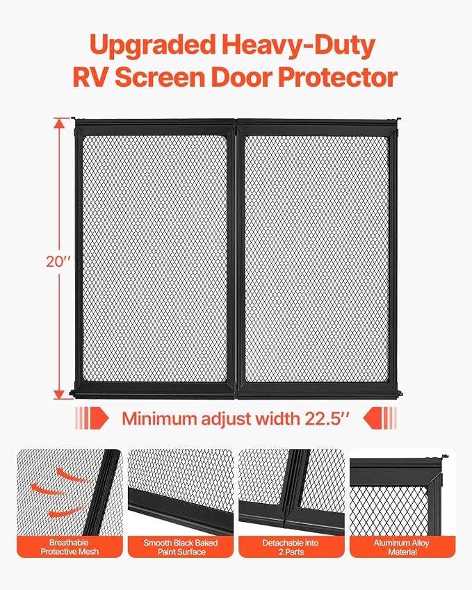 VEVOR RV Screen Door Protector, 22.5 x 20 inch Door Grille, Easy to Install and Disassemble, Reinforced Breathable Protective Mesh, Aluminum Alloy Camper RV Entry Protector for Pet Protection, Black