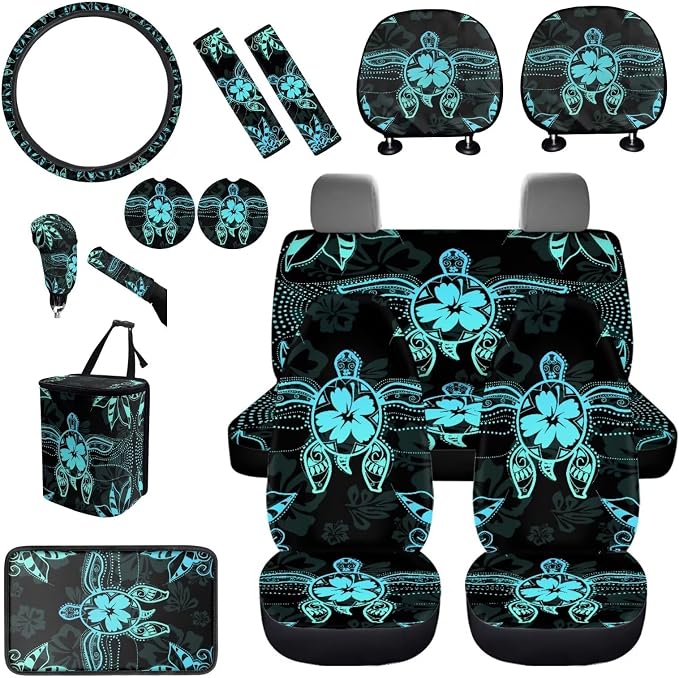 BIGCARJOB Art Sea Turtle Car Seat Cover Set of 15 Pcs Car Interior Seat Accessories Full Set with Universal Steering Wheel Cover,Car Trash Can,Seat Belt Pads,Seat Headrest Cover Set