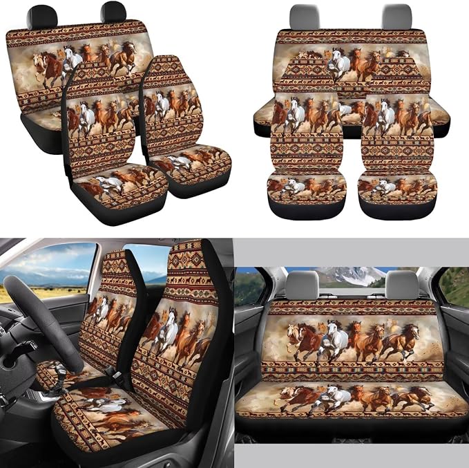 Tribal Horse Automobile Seat Cover Sets 13 Pack with Car Steering Wheel Cover Arm Rest Cover Keychain Holder Protector Seat Belt Pads Suitable for Most Cars,SUV