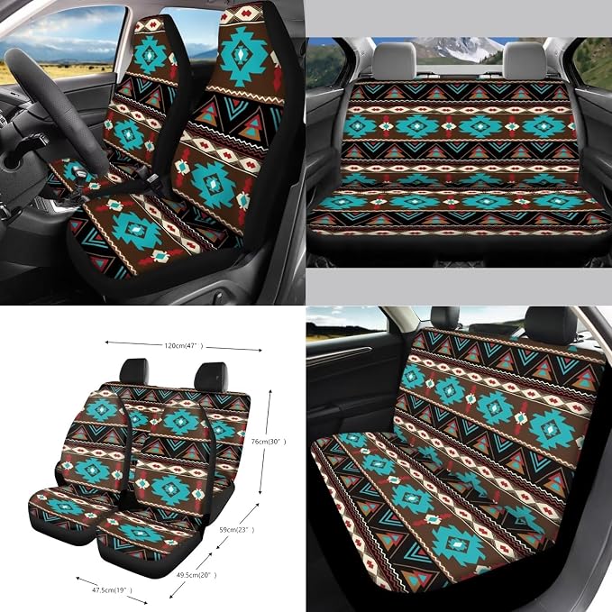 Wanyint Car Seat Cover Set 15 Pack, with Steering Wheel Seat Belt Strap Rearview Mirror Cover Garbage Cans Air Vent Pouch Coasters Keychain Auto Interior Decor, Southwest Aztec Teal Brown