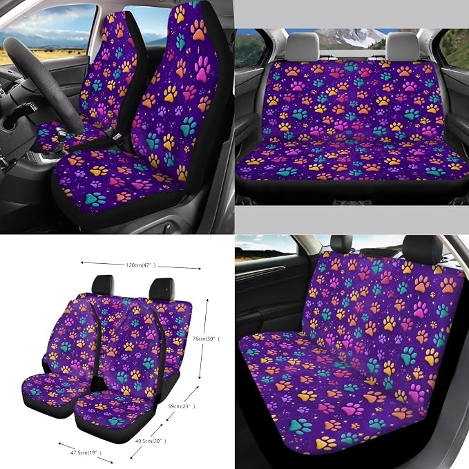 Dog Paw Print Car Interior Covers Full Set 15Pcs Universal Car Front and Rear Seat Covers with Steering Wheel Cover Safety Belt Pads Inside Rearview Mirror Cover Cup Mats