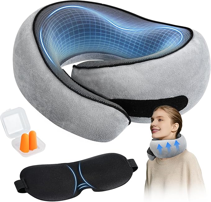 SYNNA Travel Neck Pillow for Airplane & Car, 360° Head and Chin Support, Ergonomic Memory Foam with Silky-Smooth Breathable Washable Cover for Flights, Road Trips & Office Naps