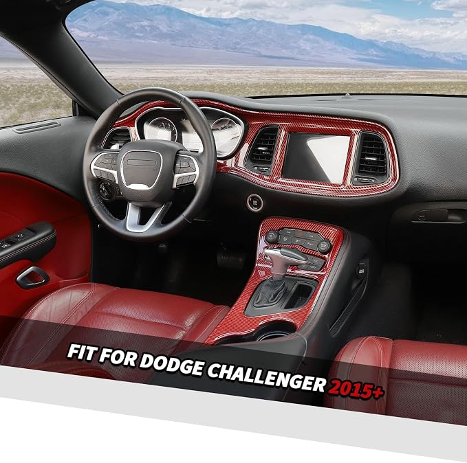 Jimen Fit for Dodge Challenger 2015-2024, 5PCS Center Console Dash Trim Kits Instrument Cluster Panel & Gear Shift Panel Cover (Red Carbon Fiber)