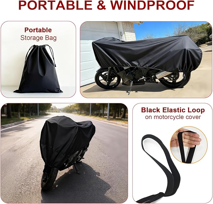 Dream Apparel Motorcycle Half Cover, Waterproof Motorcycle Cover for Outdoor, Rain Snow Dust Protection Universal Fit Heavy Duty Motorbike Vehicle Cover with Storage Bag, Black XL