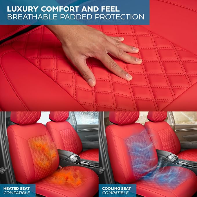 MotorBox Haven Series Napa Leather Seat Covers for Cars, Lux Edition Diamond Stitched Front Seat Covers, Premium PU Leatherette Red Car Seat Covers for Cars Trucks SUVs