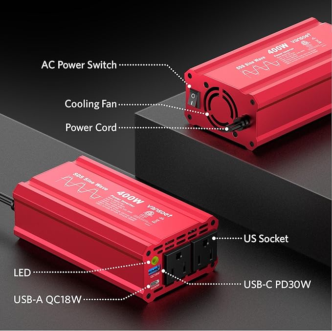 【2026 Upgraded】 400W Peak Clipped Sine Wave Car Power Inverter DC 12V to AC(2 Outlets) 110V Car Charger Plug Adapter Power Converter with PD3.0 & QC18W Dual USB Charging Ports (Red) (Red)
