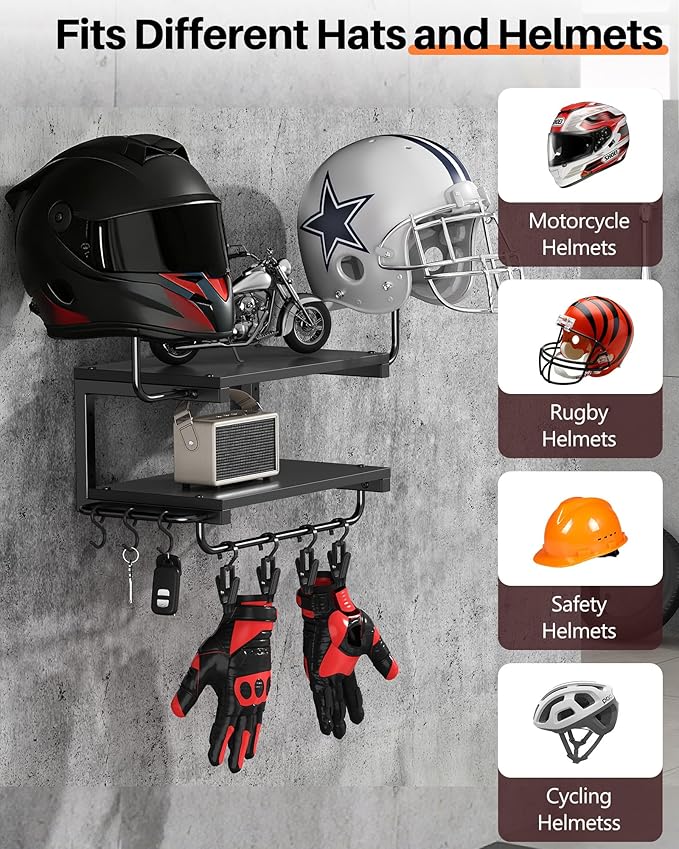 Motorcycle Helmet Holder Wall Mount, 2-Tier Helmet Rack with 2 Hat Stands, Motorcycle Accessories Gear Storage Organizer Display for Men Jackets, Caps in Garage, Living Room (Black)