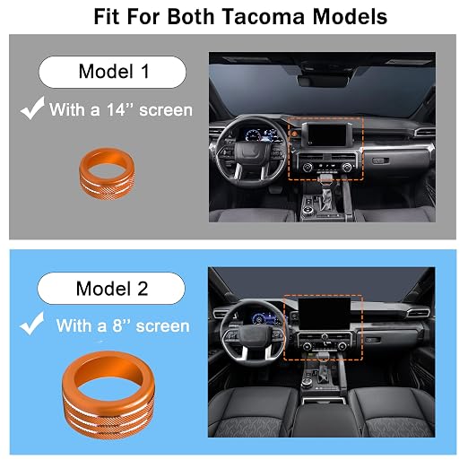 Knob Covers for Toyota Tacoma Accessories 2024 2025 2026 8" or 14" Touchscreen Air Conditioner Engine Start Stop Button Ring Drive Mode Switch Audio Center Console Button Knob Cover 7 Pcs (Orange)