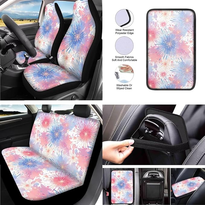 Colorful Firework Car Seat Covers Set of 10, Watercolor Fireworks Car Interior Accessories, Rainbow Fire Spark Seatbelt Covers Polyester Front Seat Rear Seat Cover