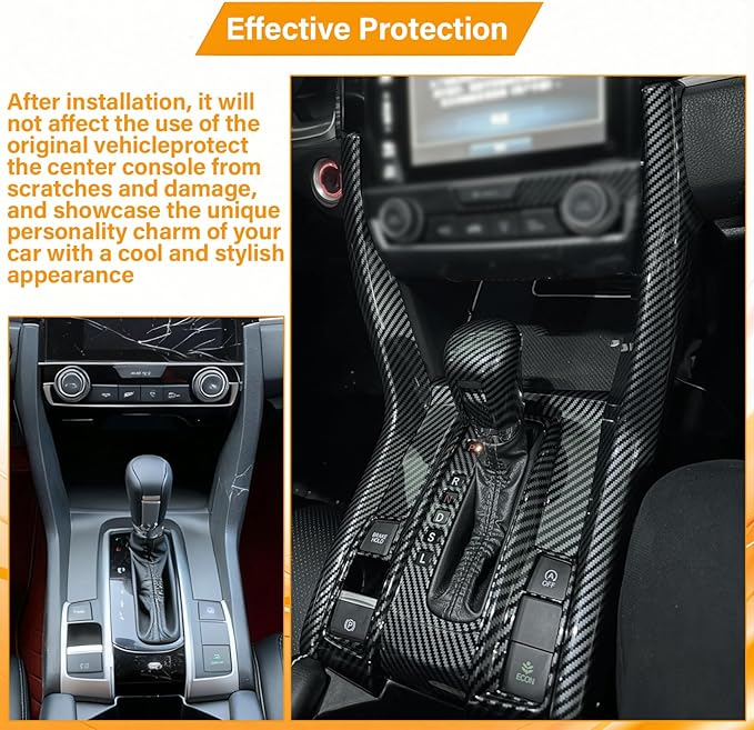 Center Console Automatic Gear Shift Panel Cover with Gear Shift Knob Cover Compatible with Honda Civic 10th Gen 2016-2021 Carbon Fiber Style Automotive Interior Accessories (5 Pcs)