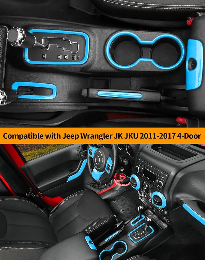 Hoolcar for Jeep Wrangler JK JKU 2011-2018 Interior Decoration Accessories Trim Kit Steering Wheel Cover Gear Shift Panel Trim Cover Water Cup Holder Cover, 4-Door, Light Blue