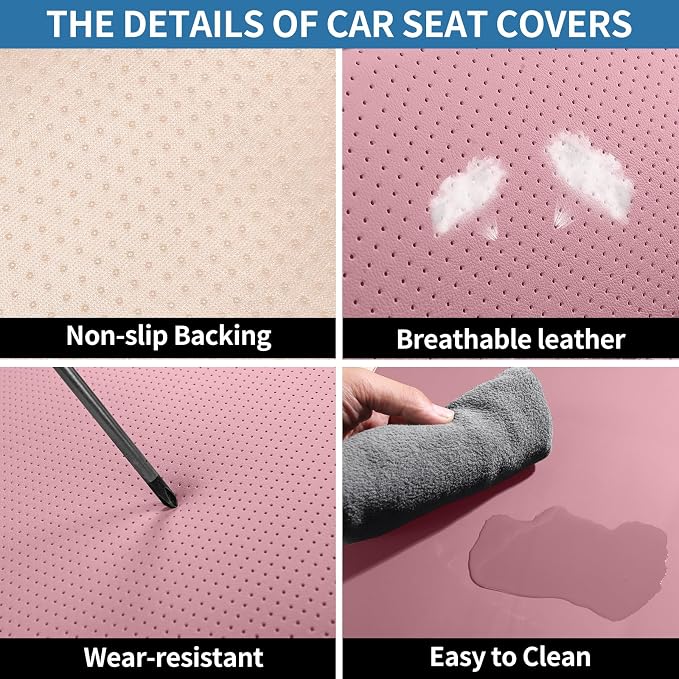 Pink Leather Car Seat Covers Front Seat Breathable Seat Protectors Waterproof Automotive Seat Covers Universal Fit for Most Cars SUVs Trucks Vehicles