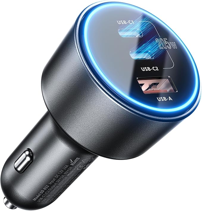 SCHUGS 205W Super Fast Car Charger, USB C PD3.1/QC5.0 3-Port for iPhone 16/Samsung S25/MacBook, 12V-24V Truck Charger with LED & 6 Protections