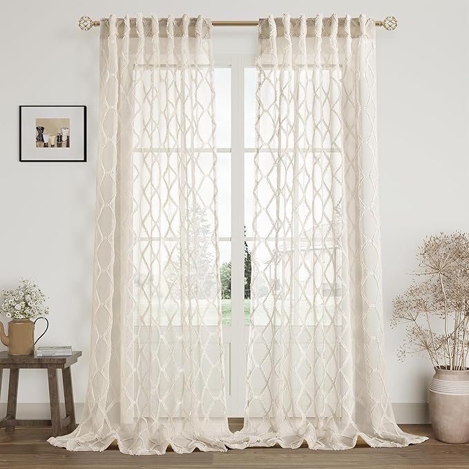 Beige Sheer Curtains 120 Inches Long 2 Panels Set for Living Room Modern Farmhouse Drapes Light Filtering Privacy Curtain Rod Pocket Back Tab Embroiderd Floor to Ceiling Window Treatment for Bedroom
