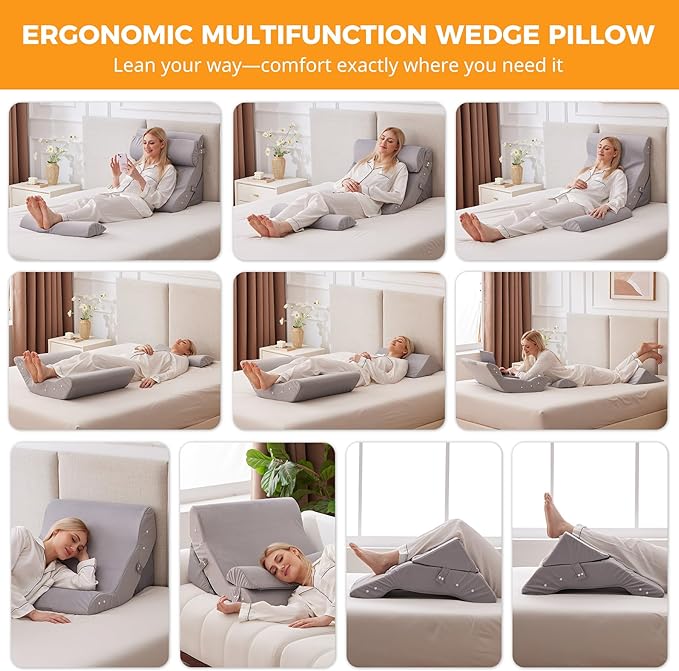 Ruqmuis 4PCS Wedge Pillow Set for After Surgery, Adjustable Back Pillow for Bed Sitting up, Acid Reflux, Bed Wedge Pillow Headboard for Sleeping&Snoring, Orthopedic Pillow for Post Surgery, Plush Grey