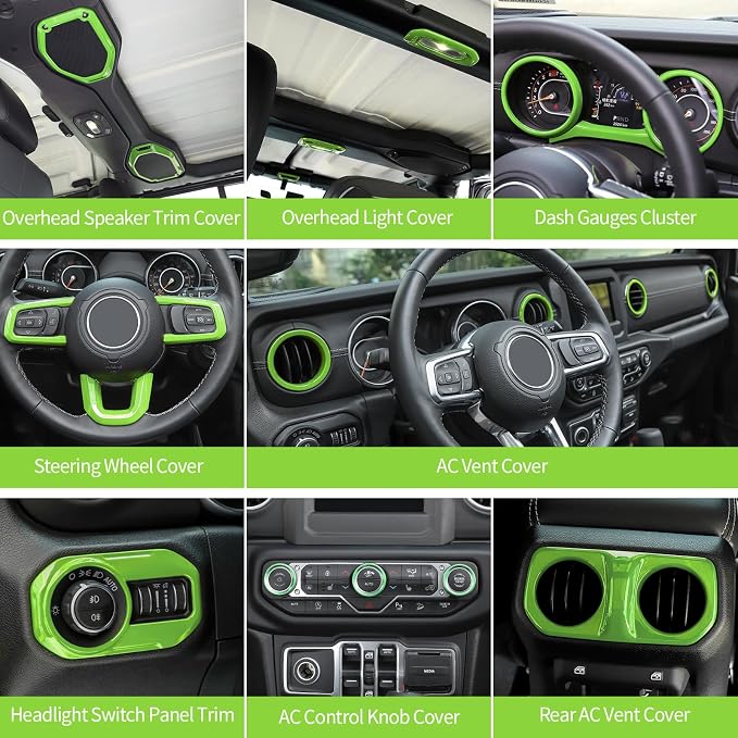 RT-TCZ for Jeep JL Green Interior Trim Cover Kit for Jeep Wrangler JL JLU 2018-2023 AC Vent Trim Rings Green Interior Accessories 20pcs