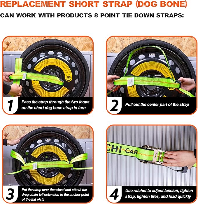 2"x16" Replacement Sewn Eye Loop Short Strap, 4Pack, Heavy-Duty Dog Bone Tow Truck Straps with Loops, for use with 8 Point Car Tie Down Kit, Axle Tie Down Straps