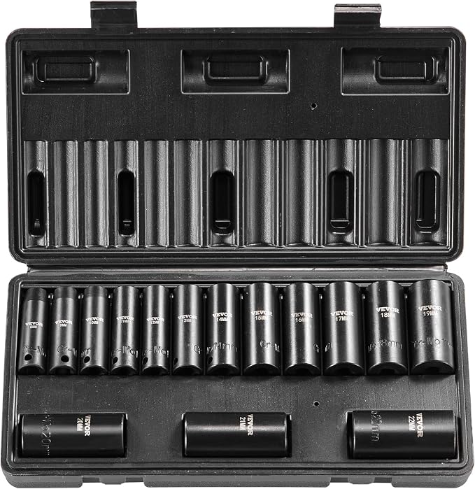 VEVOR 3/8" Drive Impact Socket Set, 15 Piece Deep Socket Set Metric 8-22mm, 6 Point Cr-Mo Alloy Steel for Auto Repair, Easy-to-Read Size Markings, Rugged Construction, Includes Storage Case
