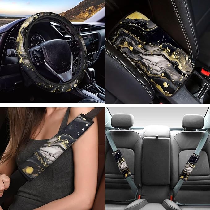 Black Marble Auto Seat Covers 12pcs Full Set Car Accessory Universal Fit Car Seatbelt Pads Steering Wheel Cover Armrest Cushion Keychain Marble Coaster for Car Durable Auto Interior Protector