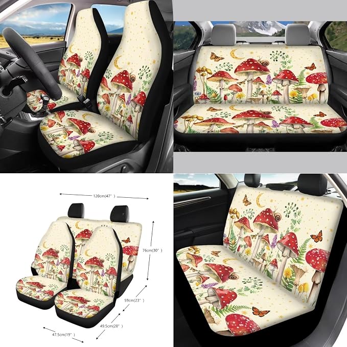 Mushroom Snail Moon Stars 15Pcs Car Seat Cover Full Set Car Steering Wheel Cover Seat Belt Cover Trash Bin Air Vent Storage Box Front Rear View Mirror Car Cup Holder Keychain