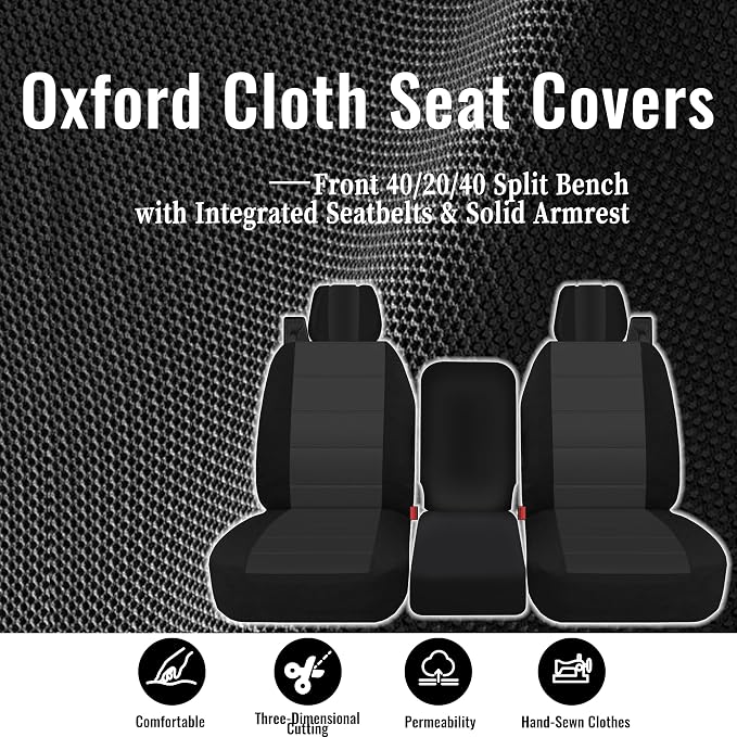 Front 40/20/40 Thickened Heavy-Duty Oxford Fabric Seat Covers Compatible with Ford F150 XL/Standard Cab 2004-2008, Split Bench with Integrated Seatbelts & Solid Armrest-Black