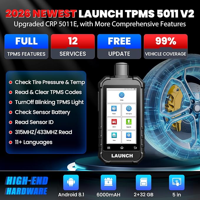 2026 Launch X431 Creader 5011 V2 TPMS Tool，TPMS Sensor (315+433MHz) Read/Activate/Relearn/Reset Scanner Tool,OBD2 Code Reader& 12 Hot Rests, Lifetime Free Update