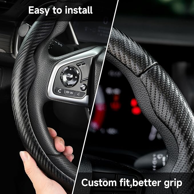 West Llama 3 Piece Carbon Fiber Steering Wheel Cover, 14.5-15 Inch 3 Pc Auto Car Steering Wheel Cover Universal Fit for 99% Cars, SUVs, Trucks (Matte Black)