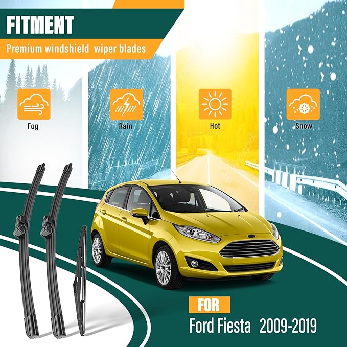 Windshield Wiper Blades Replacement for Ford Fiesta 2009 2010 2011 2012 2013 2014 2015 2016 2017 2018 2019 Original Factory Quality Front Rear Wiper Blade Set - 26" 15" 12" (Set of 3)