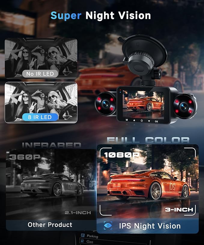 360° Dash Cam Front and Rear Inside Left Right, 4 Channel FHD 1080P Dash Cam for Cars, 3" Dashcams with 64G TF Card 8 IR Night Vision, Loop Recording, G-Sensor, 24H Parking Mode Monitor, Reverse View