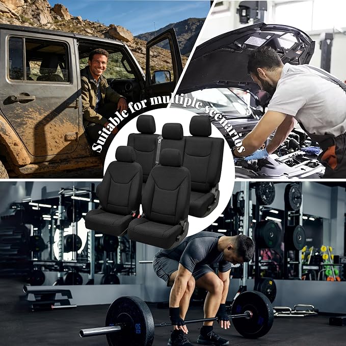 Custom Seat Covers for Wrangler JK 2013 2014 2015 2016 2017 2018 4 Door Heavy Duty Cloth Protector Interior Accessories，Waterproof & Machine Washable, Foam Padded - Black（Front & Rear）