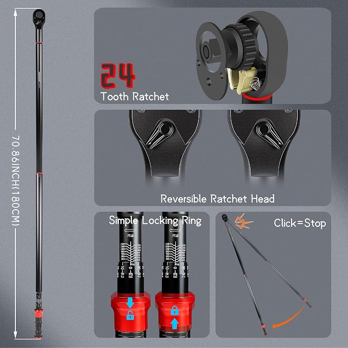 1-Inch Drive Torque Wrench 200-1500ft.lb/271.0-2032.5Nm, ±3% Precision Dual Direction Torque Wrenches with 24-Tooth Dual Range Scales with Ft.Lbs and N.m