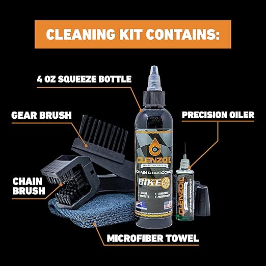 Clenzoil Chain & Sprocket Cleaning Kit - Chain Cleaner Lubricant Protectant (CLP) - Wet Lube Application, Dry Lube Performance - 4 oz Bottle, 0.5 oz Needle, Microfiber Towel & Chain Brush